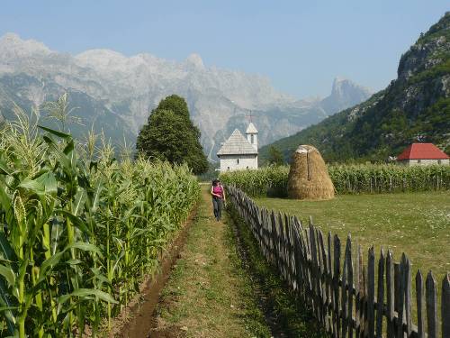 Walking towards the picturesque Church of Theth in Albania