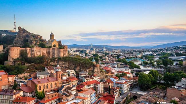The 17th century Narikala Fortress overlooks the eclectic architecture of Tbilisi's Old Town.