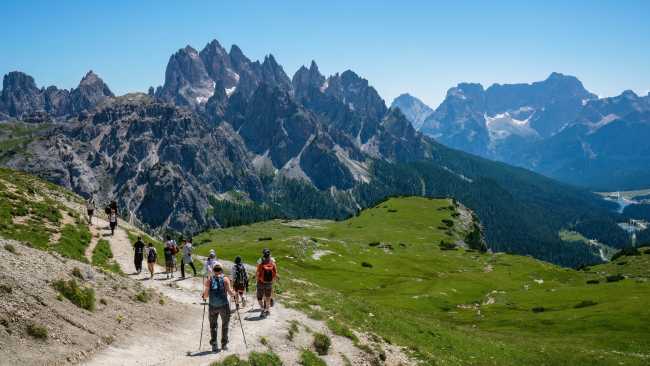 A group of hikers in the Dolomites
